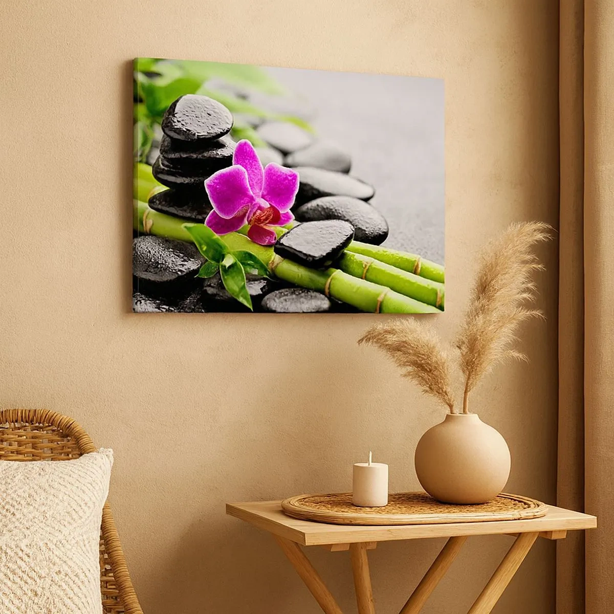 Quadro em tela - Orquídea roxa, pedras pretas e bambu em uma composição tranquila - 70x50cm - Calmo equilíbrio - Decoração de parede moderna para a sala de estar e quarto ARTTOR