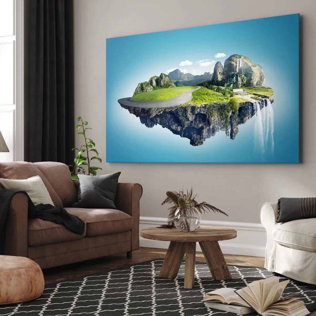 Quadro em tela - Uma ilha flutuante com montanhas e cachoeiras - 70x50cm - Ilha fantástica - Decoração de parede moderna para a sala de estar e quarto ARTTOR