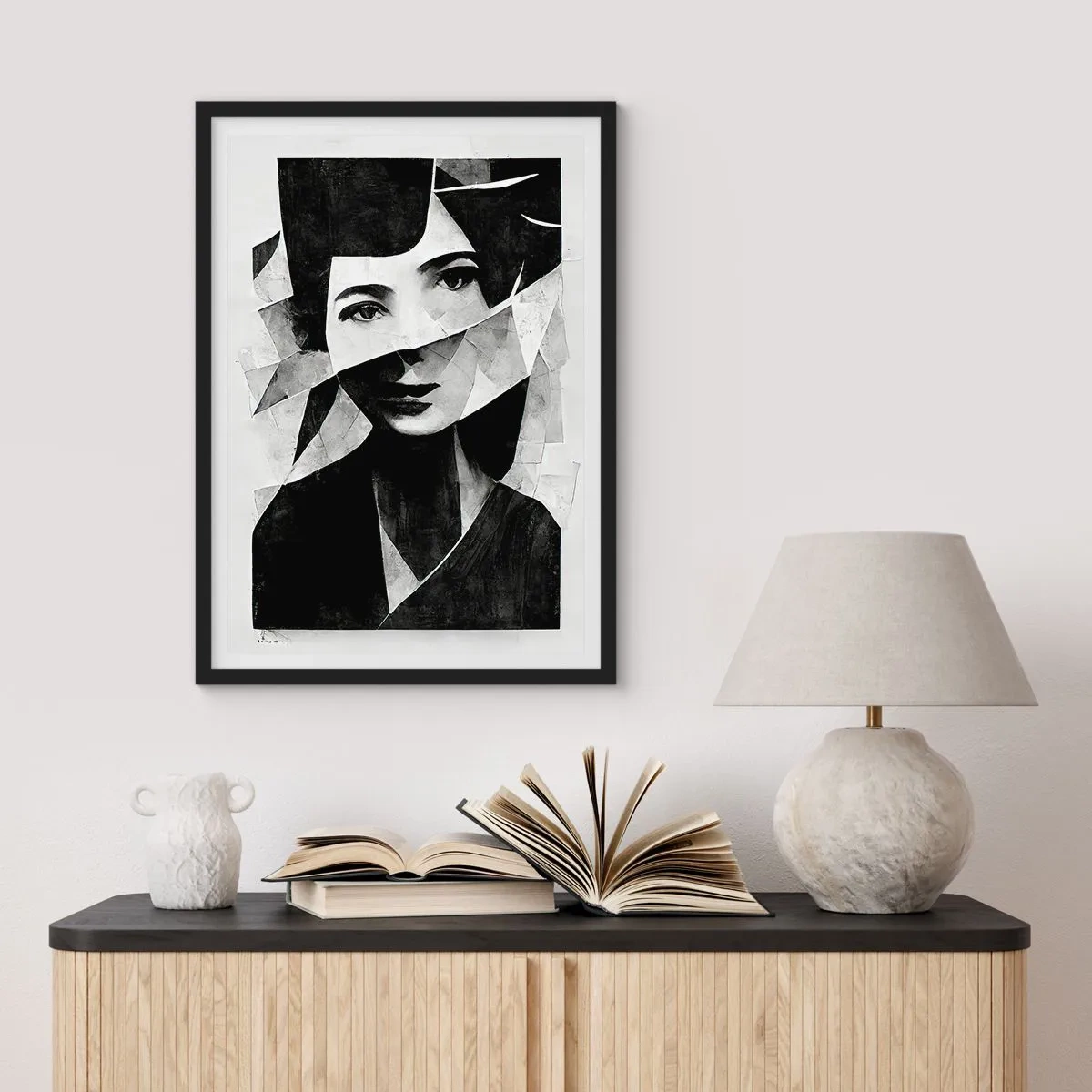 Pôster com moldura preta - Retrato de uma mulher em uma composição abstrata - 50x70cm - O que és de verdade... - Decoração de parede moderna para a sala de estar e quarto ARTTOR