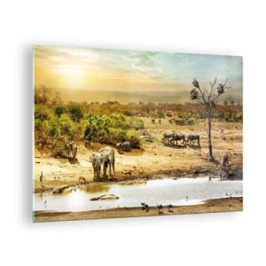 Quadro em vidro - Elefantes e animais em um bebedouro com uma paisagem africana como pano de fundo - 70x50cm - Um rio corria no Éden... - Decoração de parede moderna para a sala de estar e quarto ARTTOR
