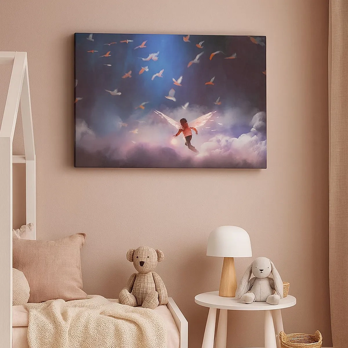 Quadro em tela - Uma figura com asas de anjo flutuando entre pássaros no céu - 70x50cm - É preciso ter imaginação e coragem - Decoração de parede moderna para a sala de estar e quarto ARTTOR