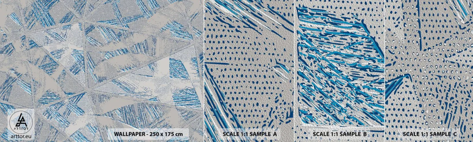 Amostra de papel de parede Premium Sand - Em um labirinto azul e cinza - Rabiscos, Brilhante, Caos - 100x30 cm