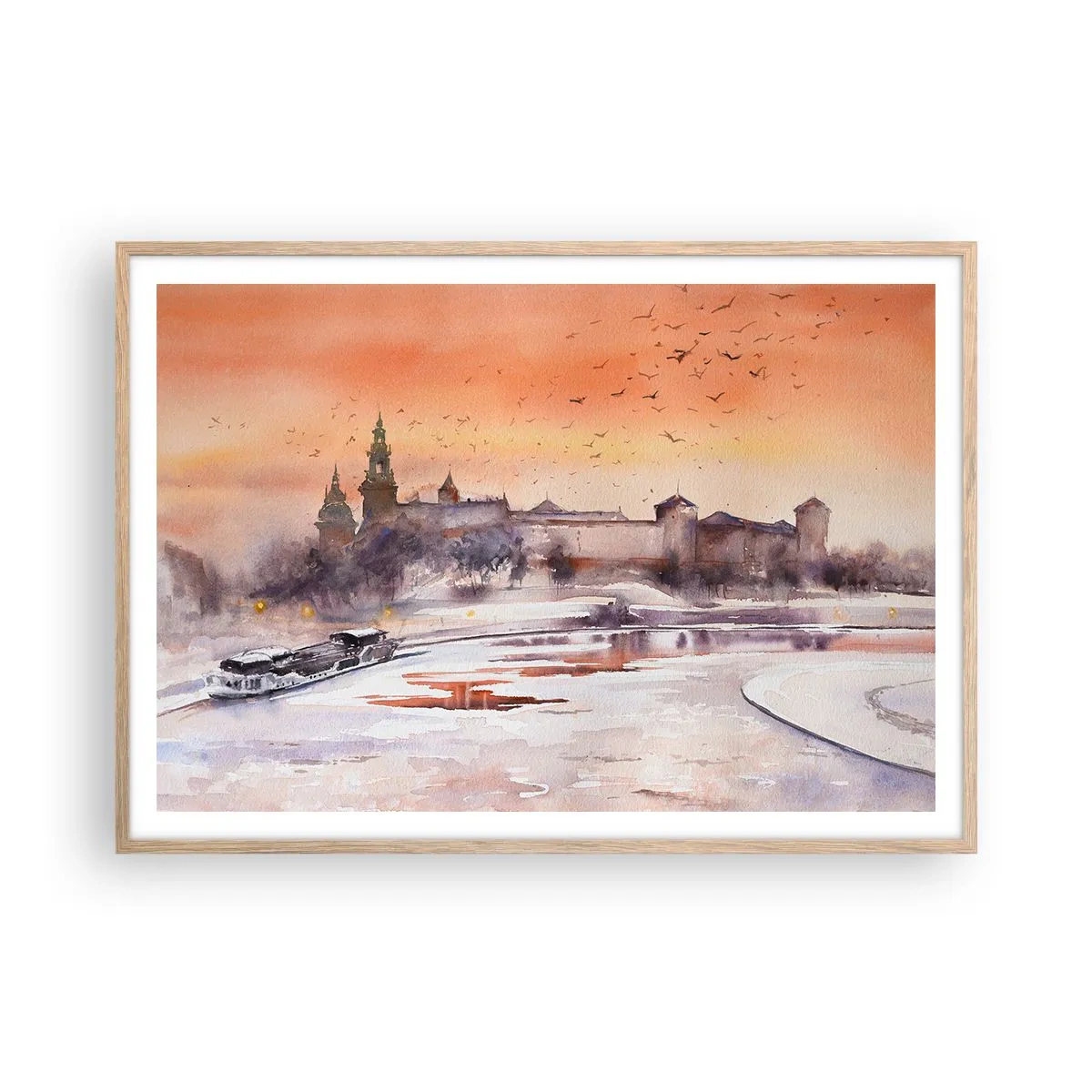 Pôster com moldura de carvalho claro - Pôr do sol real - 100x70 cm