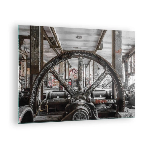 Quadro em vidro - Interior industrial histórico com uma roda dentada - 70x50cm - A vida secreta da fábrica - Decoração de parede moderna para a sala de estar e quarto ARTTOR