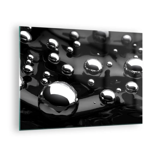 Quadro em vidro - Gotas metálicas sobre uma superfície preta - 70x50cm - Das profundezas negras - Decoração de parede moderna para a sala de estar e quarto ARTTOR