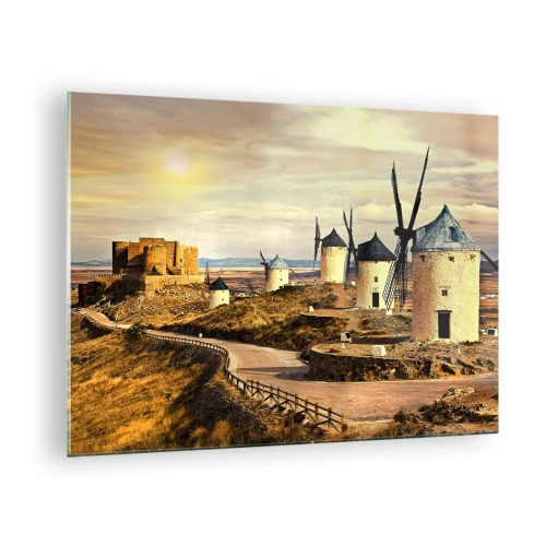 Quadro em vidro - Moinhos de vento e um castelo na paisagem ao pôr do sol - 70x50cm - Dom Quixote está prestes a aparecer - Decoração de parede moderna para a sala de estar e quarto ARTTOR