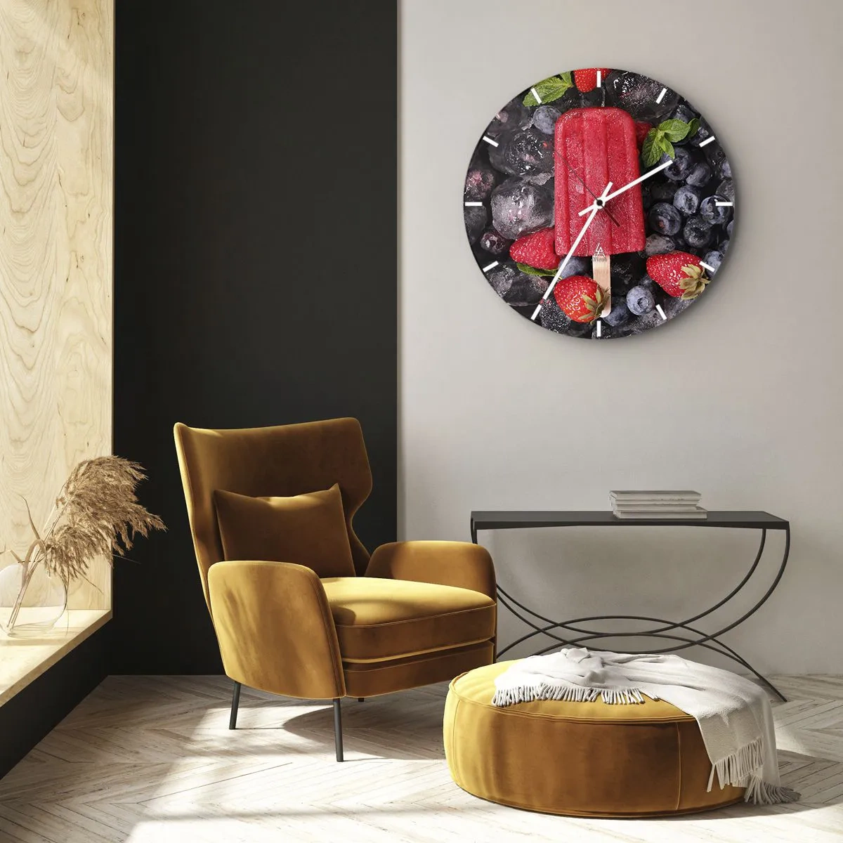 Relógio de parede - Relógio em vidro - Picolé de frutas com mirtilos e morangos congelados - 30x30cm - O sabor de um verão quente - Decoração de parede moderna para a sala de estar, cozinha e quarto ARTTOR