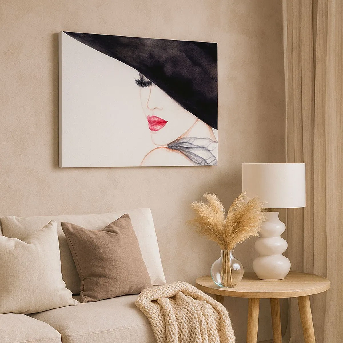 Quadro em tela - Uma ilustração sutil de uma mulher com um chapéu preto e lábios vermelhos - 70x50cm - Elegância e sensualidade - Decoração de parede moderna para a sala de estar e quarto ARTTOR