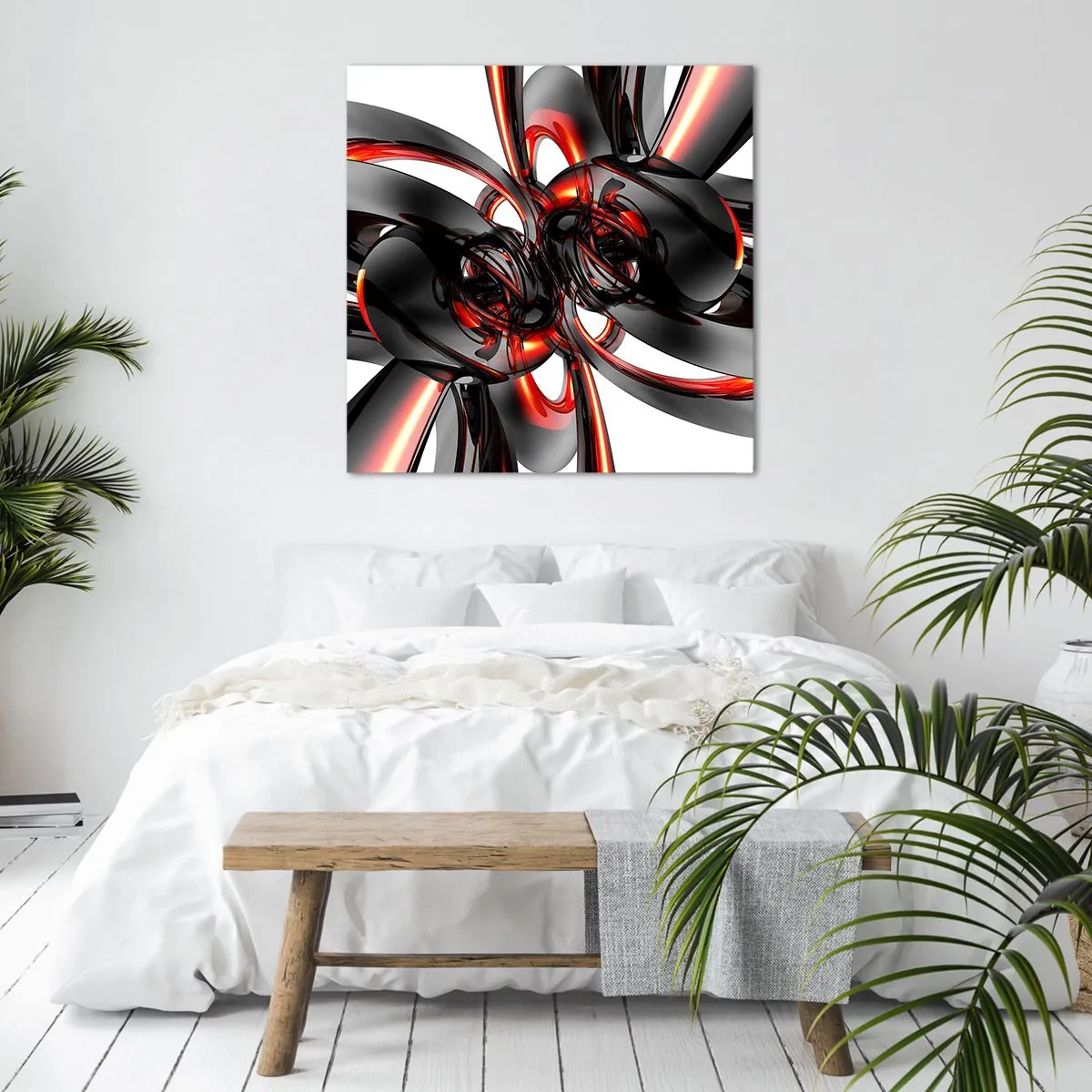 Quadro em tela - Movimento em grafite e vermelho - 50x50 cm