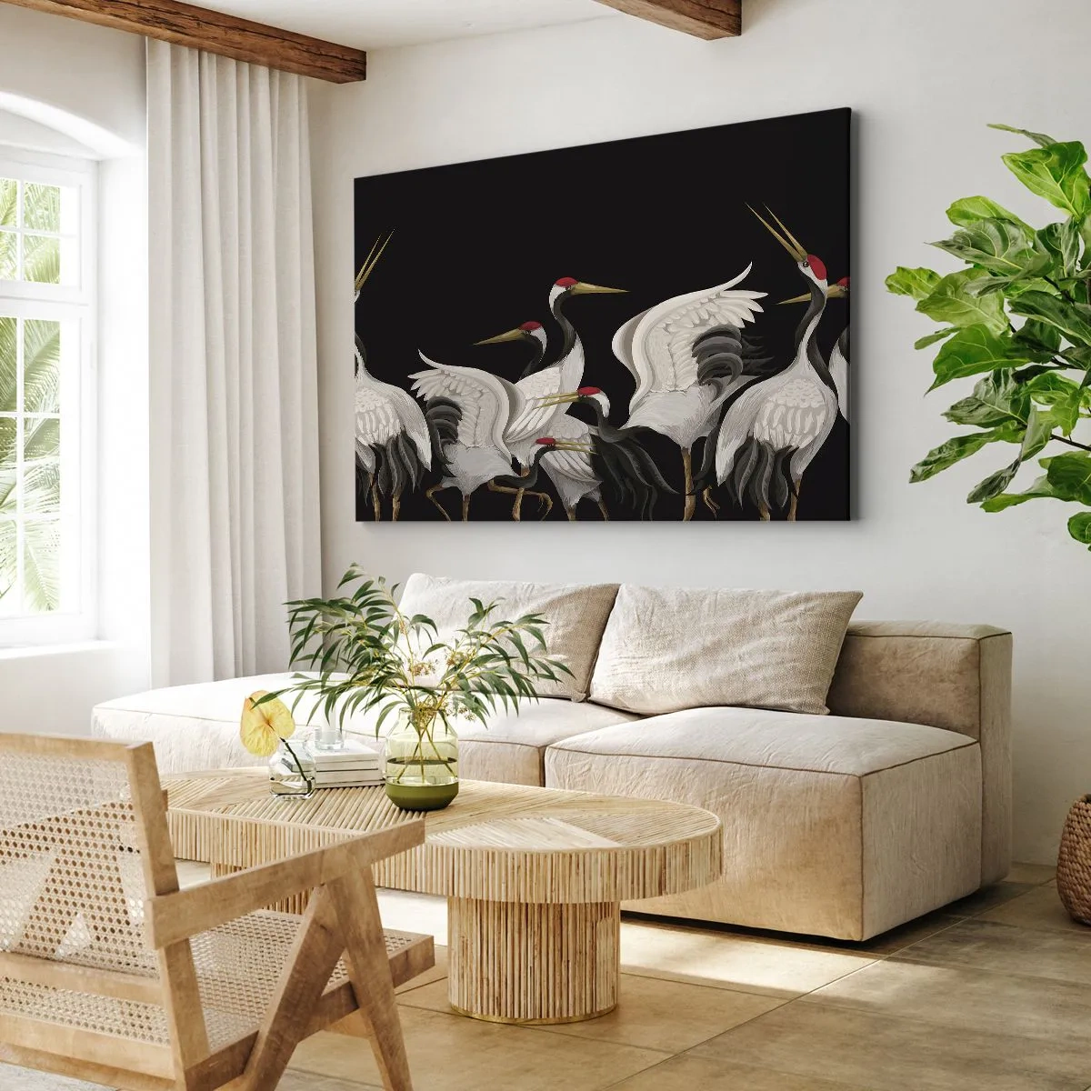 Quadro em tela - Guindastes brancos com detalhes em vermelho sobre fundo preto - 70x50cm - Assuntos de aves - Decoração de parede moderna para a sala de estar e quarto ARTTOR