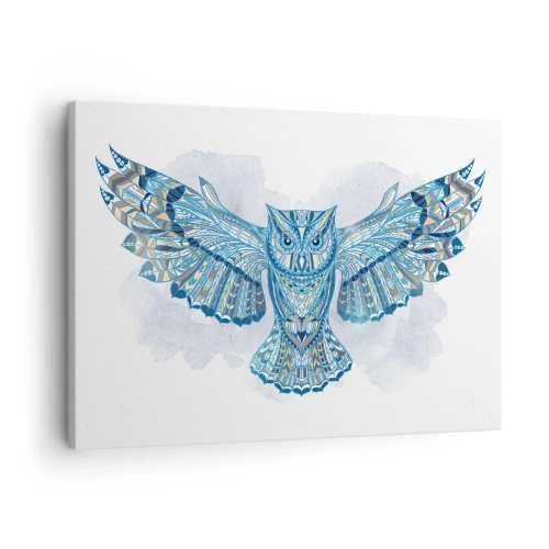 Quadro em tela - Coruja decorativa em tons de azul - 70x50cm - De um bosque sagrado celta - Decoração de parede moderna para a sala de estar e quarto ARTTOR