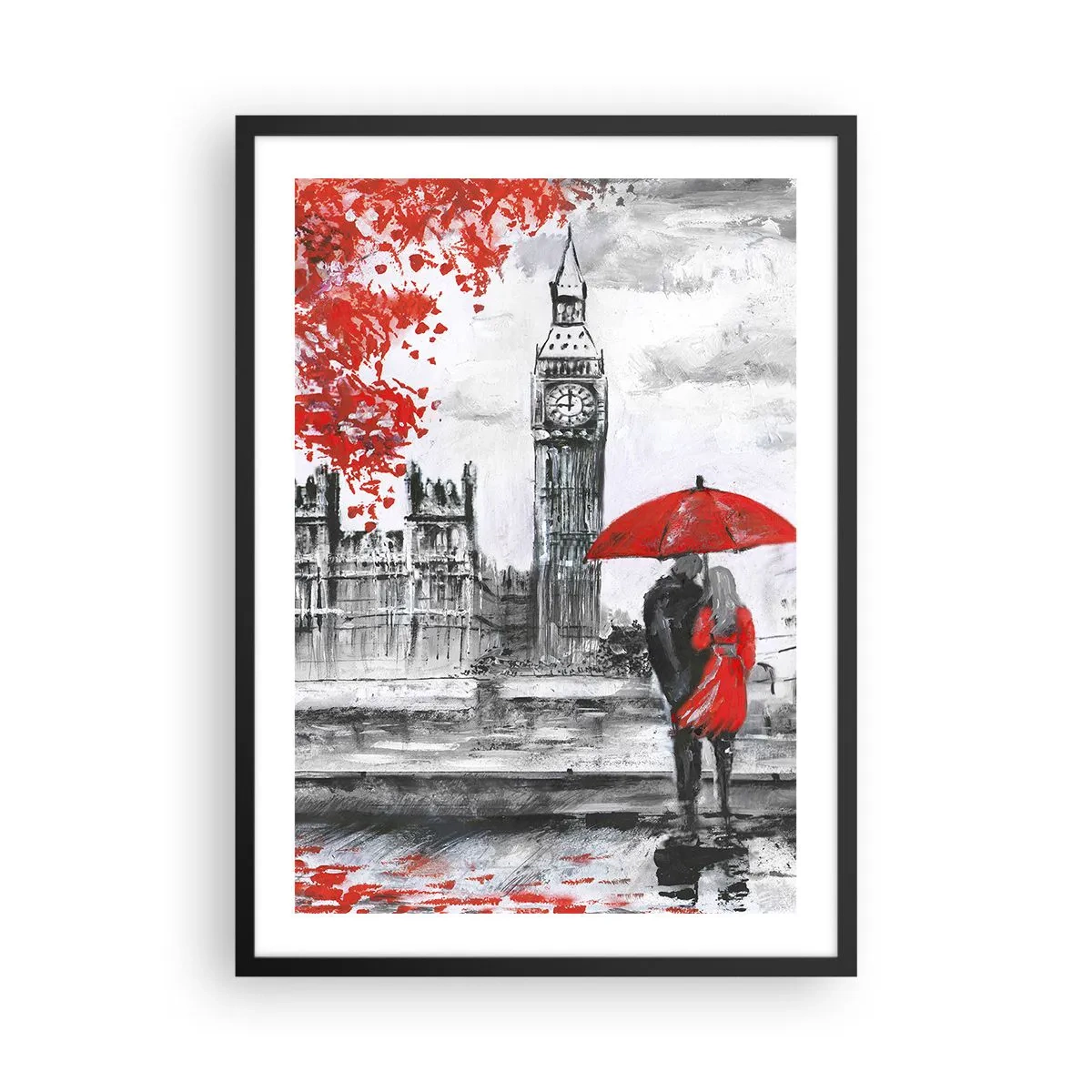 Pôster com moldura preta - Uma figura com um guarda-chuva vermelho em frente ao Big Ben em Londres - 50x70cm - Apaixonados em Londres - Decoração de parede moderna para a sala de estar e quarto ARTTOR