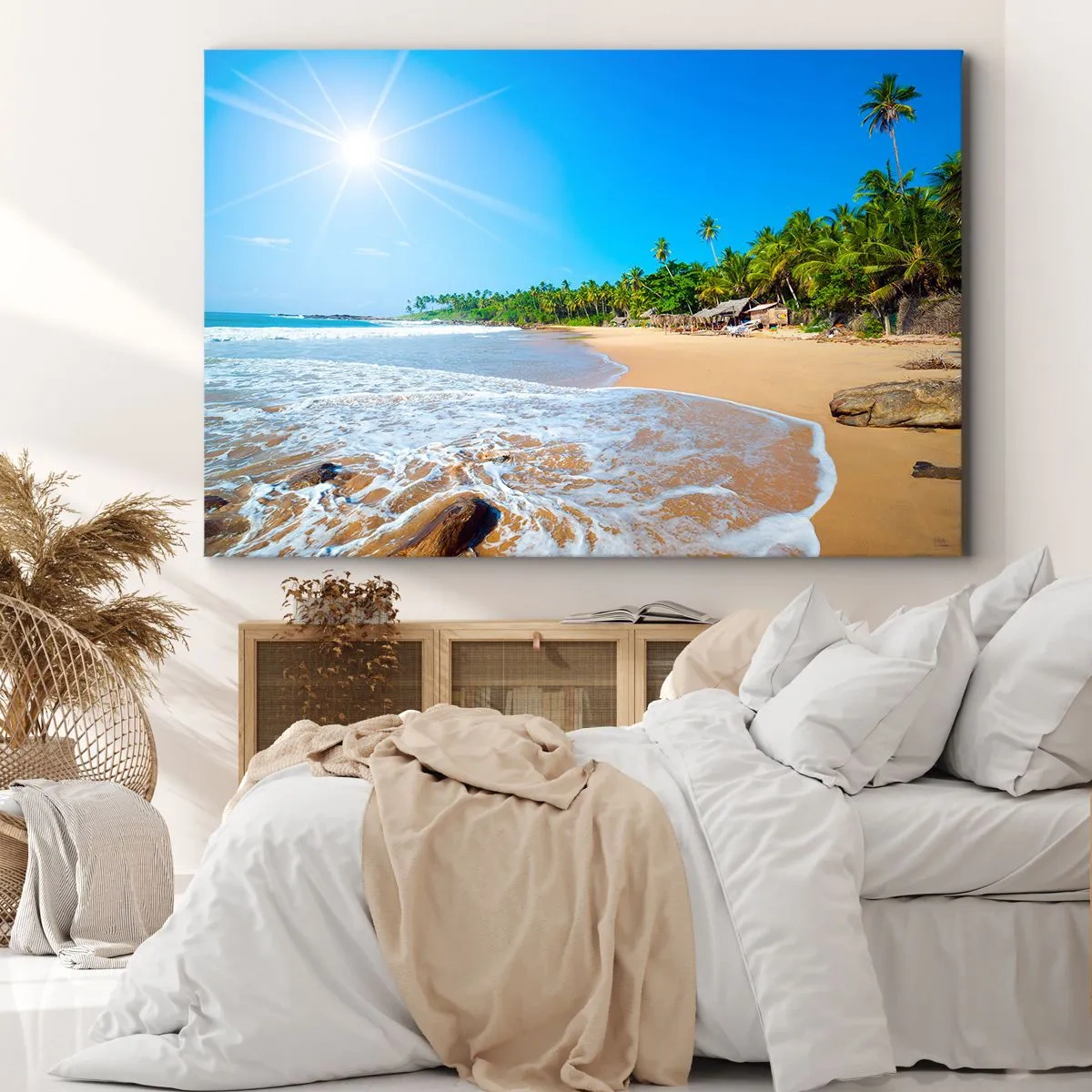 Quadro em tela - Praia tropical com palmeiras e céu azul - 70x50cm - Um lugar exótico para si - Decoração de parede moderna para a sala de estar e quarto ARTTOR