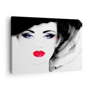 Quadro em tela - Retrato de uma mulher com lábios vermelhos e olhos azuis intensos - 70x50cm - Repulsa e convoca - Decoração de parede moderna para a sala de estar e quarto ARTTOR