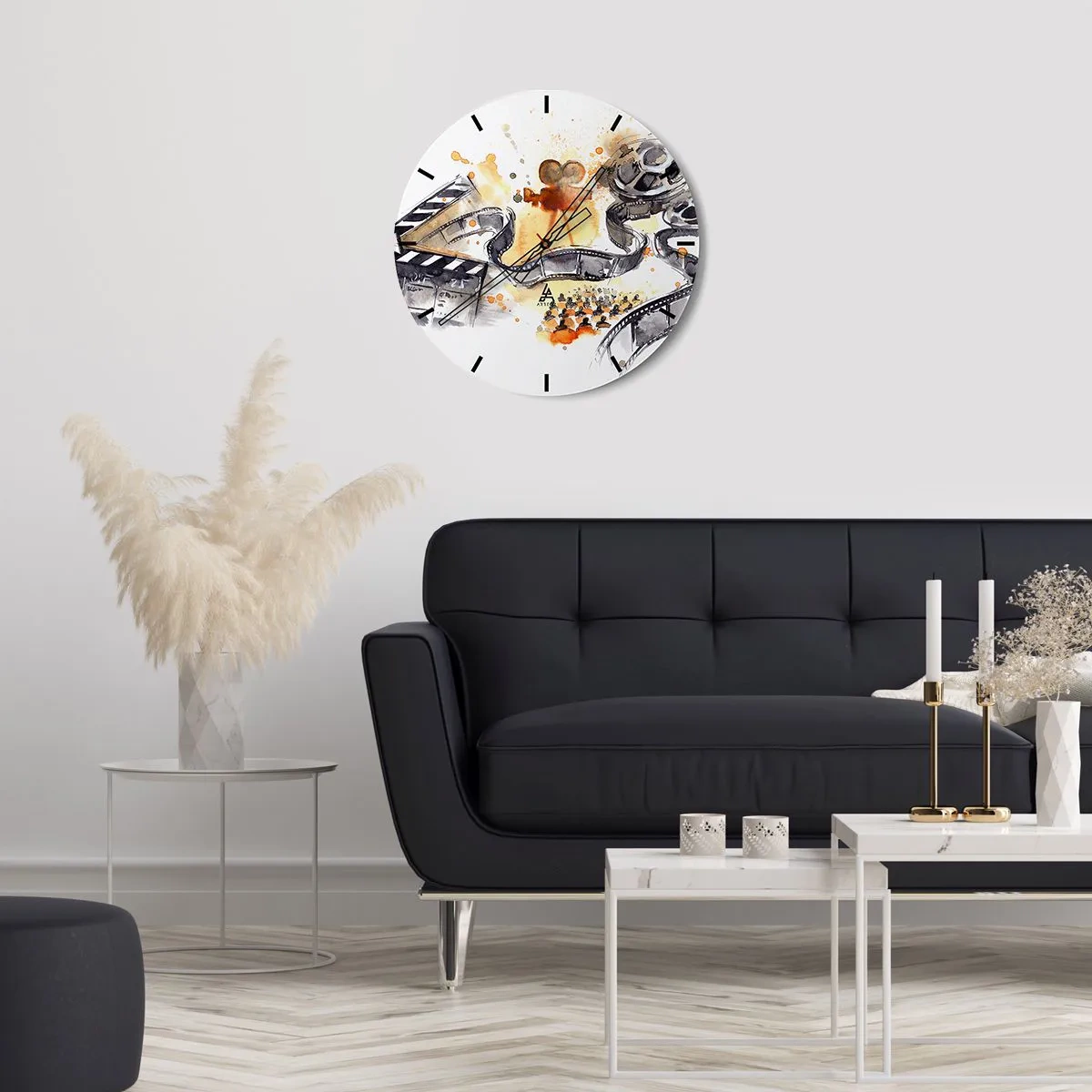 Relógio de parede - Relógio em vidro - Tira de filme e câmera contra um fundo de detalhes artísticos em cores quentes - 30x30cm - Na terra dos sonhos - Decoração de parede moderna para a sala de estar, cozinha e quarto ARTTOR