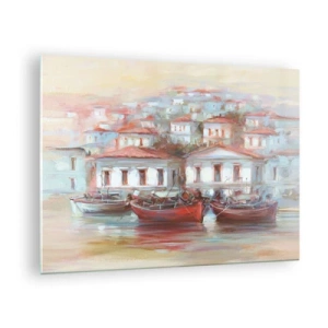 Quadro em vidro - Uma cidade pitoresca com barcos no porto ao pôr do sol - 70x50cm - Cidade feliz - Decoração de parede moderna para a sala de estar e quarto ARTTOR