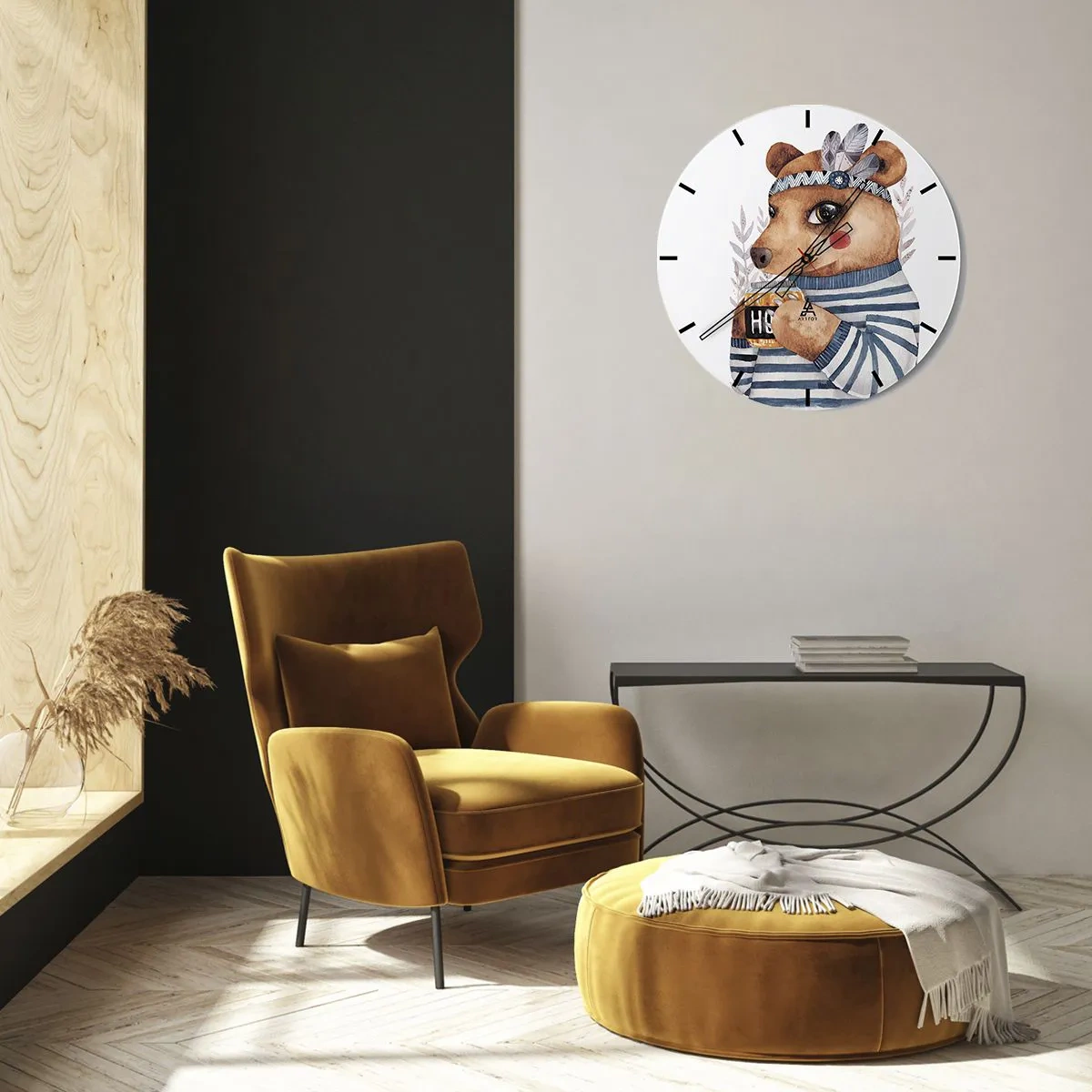 Relógio de parede - Relógio em vidro - Um ursinho de pelúcia com uma camiseta listrada e uma xícara de chá - 30x30cm - Doce ursa - Decoração de parede moderna para a sala de estar, cozinha e quarto ARTTOR