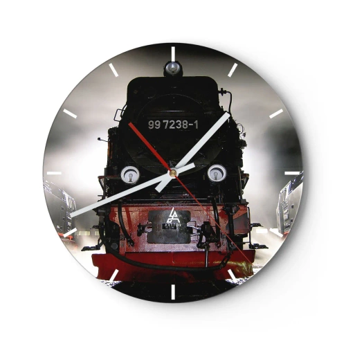 Relógio de parede - Relógio em vidro - Uma locomotiva a vapor de estilo retrô cercada por neblina - 30x30cm - Fica de pé e ofega, arfa e assopra - Decoração de parede moderna para a sala de estar, cozinha e quarto ARTTOR