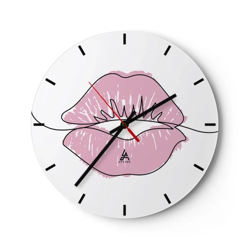 Relógio de parede - Relógio em vidro - Close-up de lábios rosados contra um relógio branco - 30x30cm - Pronto para beijar? - Decoração de parede moderna para a sala de estar, cozinha e quarto ARTTOR