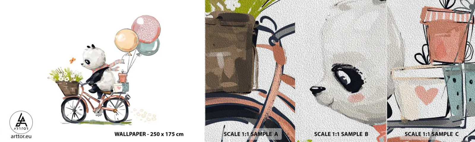 Amostra de papel de parede Premium Sand - Dia feliz - Para crianças, Panda em uma bicicleta, Abstração - 100x30 cm