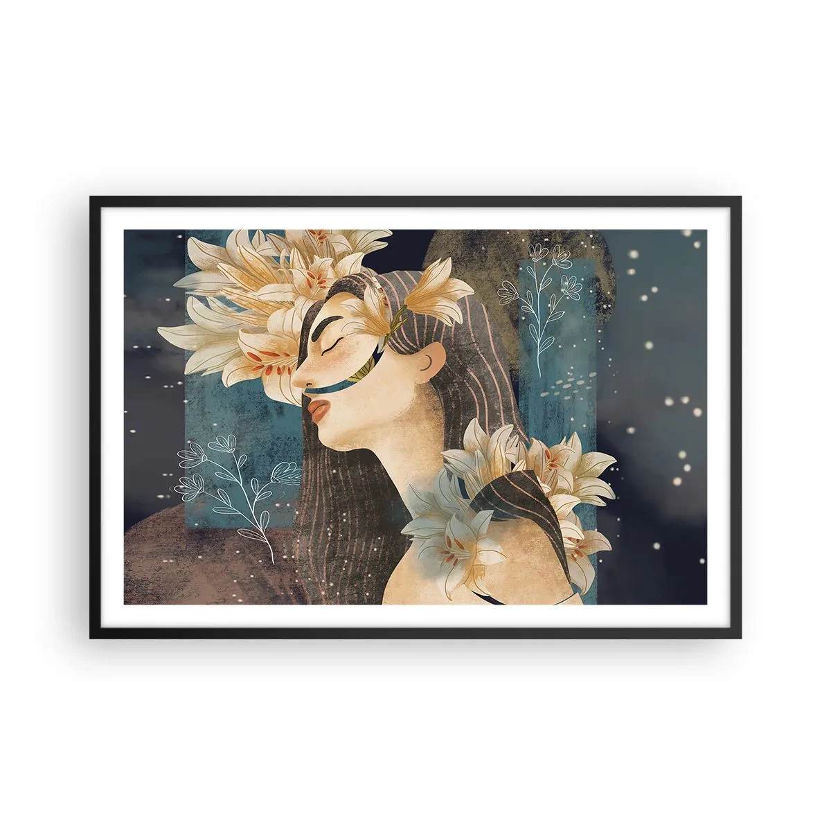 Pôster com moldura preta - O conto da princesa com lírios - 91x61 cm