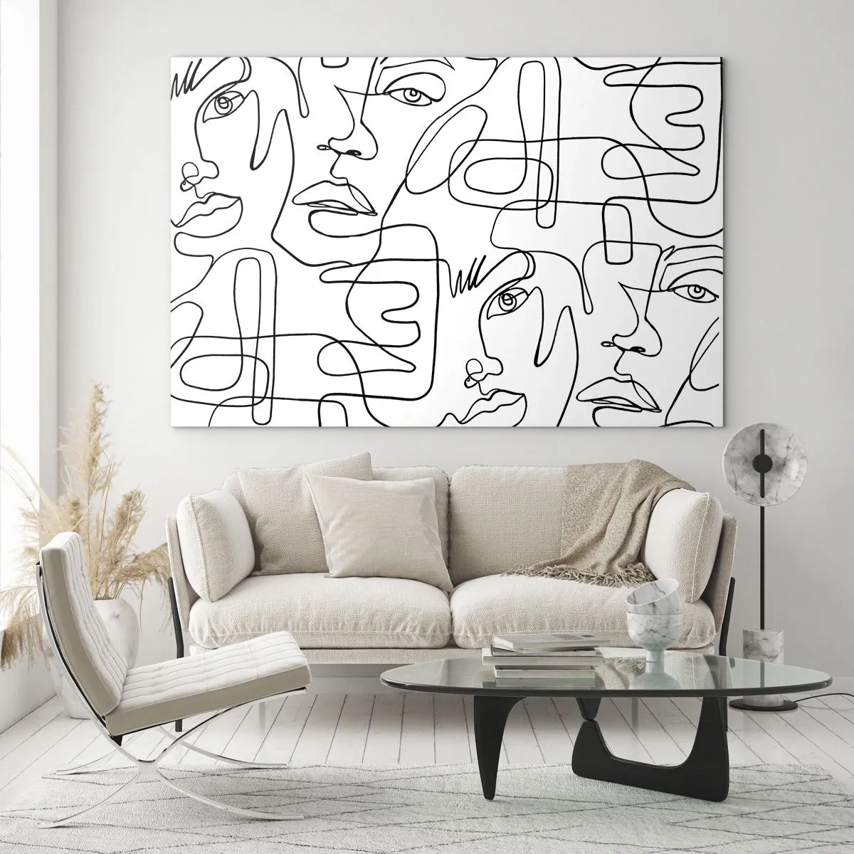 Quadro em vidro - Gráficos de rosto de arte de linha em preto e branco - 70x50cm - Em emoções emaranhadas - Decoração de parede moderna para a sala de estar e quarto ARTTOR