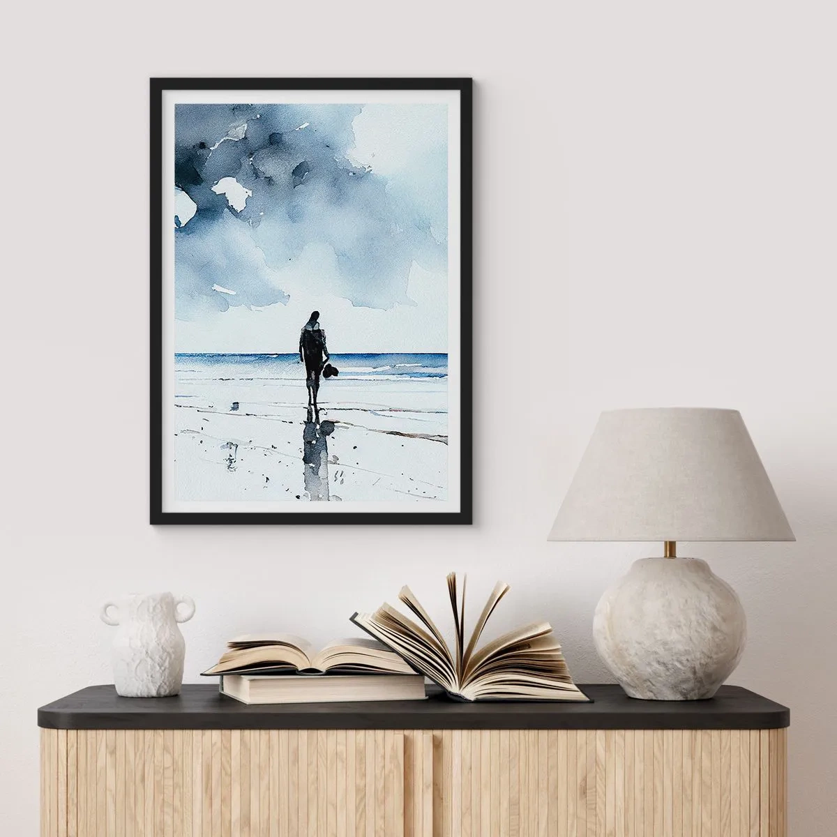 Pôster com moldura preta - Paisagem em aquarela com uma figura na praia - 50x70cm - Conversa com o mar - Decoração de parede moderna para a sala de estar e quarto ARTTOR