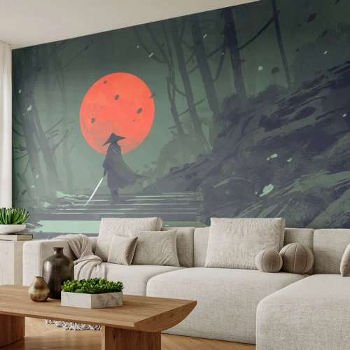 Papel de Parede Standard Eco - Um guerreiro solitário nas escadas de uma floresta com uma lua vermelha. - 100x70cm - O guerreiro da lua vermelha - Decoração de parede moderna para a sala de estar e quarto ARTTOR