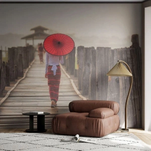 Papel de Parede Standard Eco - Na ponte velha - Guarda-chuva, Birmânia, Ponte de madeira - 150x105 cm