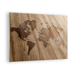 Quadro em vidro - Um mapa do mundo cortado em uma superfície de madeira - 70x50cm - O mundo servido na mesa - Decoração de parede moderna para a sala de estar e quarto ARTTOR