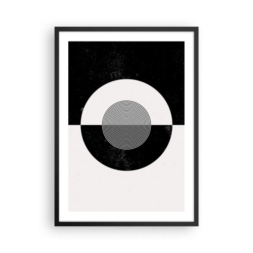 Pôster com moldura preta - Padrão geométrico em preto e branco com um círculo concêntrico - 50x70cm - Harmonia a preto e branco - Decoração de parede moderna para a sala de estar e quarto ARTTOR