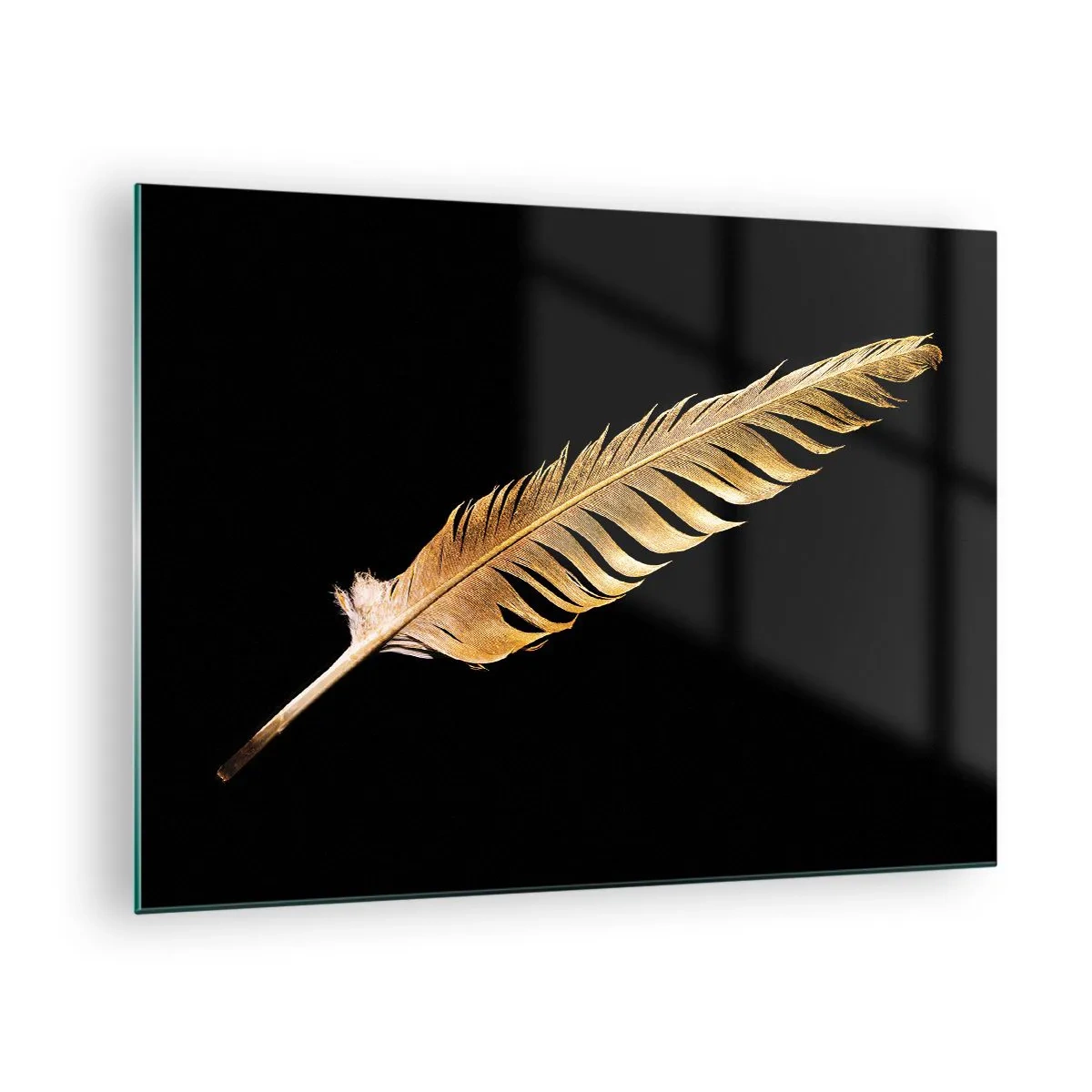 Quadro em vidro - Uma pena dourada sobre um fundo preto em um estilo minimalista - 70x50cm - É uma pena - Decoração de parede moderna para a sala de estar e quarto ARTTOR