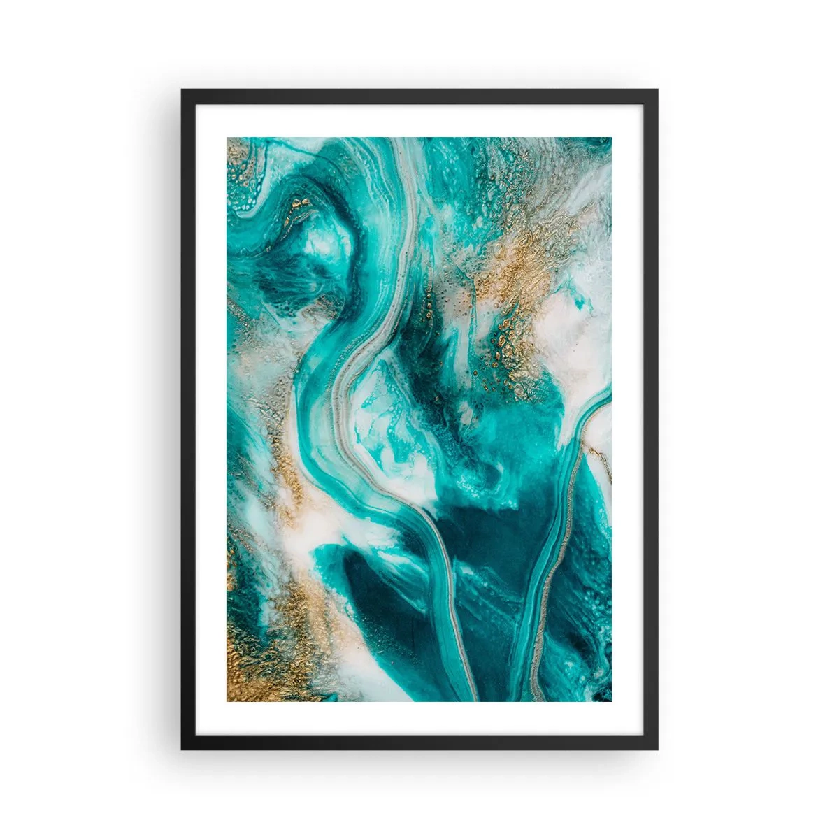 Pôster com moldura preta - Uma composição abstrata em tons de turquesa e dourado. - 50x70cm - Rio do Ouro - Decoração de parede moderna para a sala de estar e quarto ARTTOR