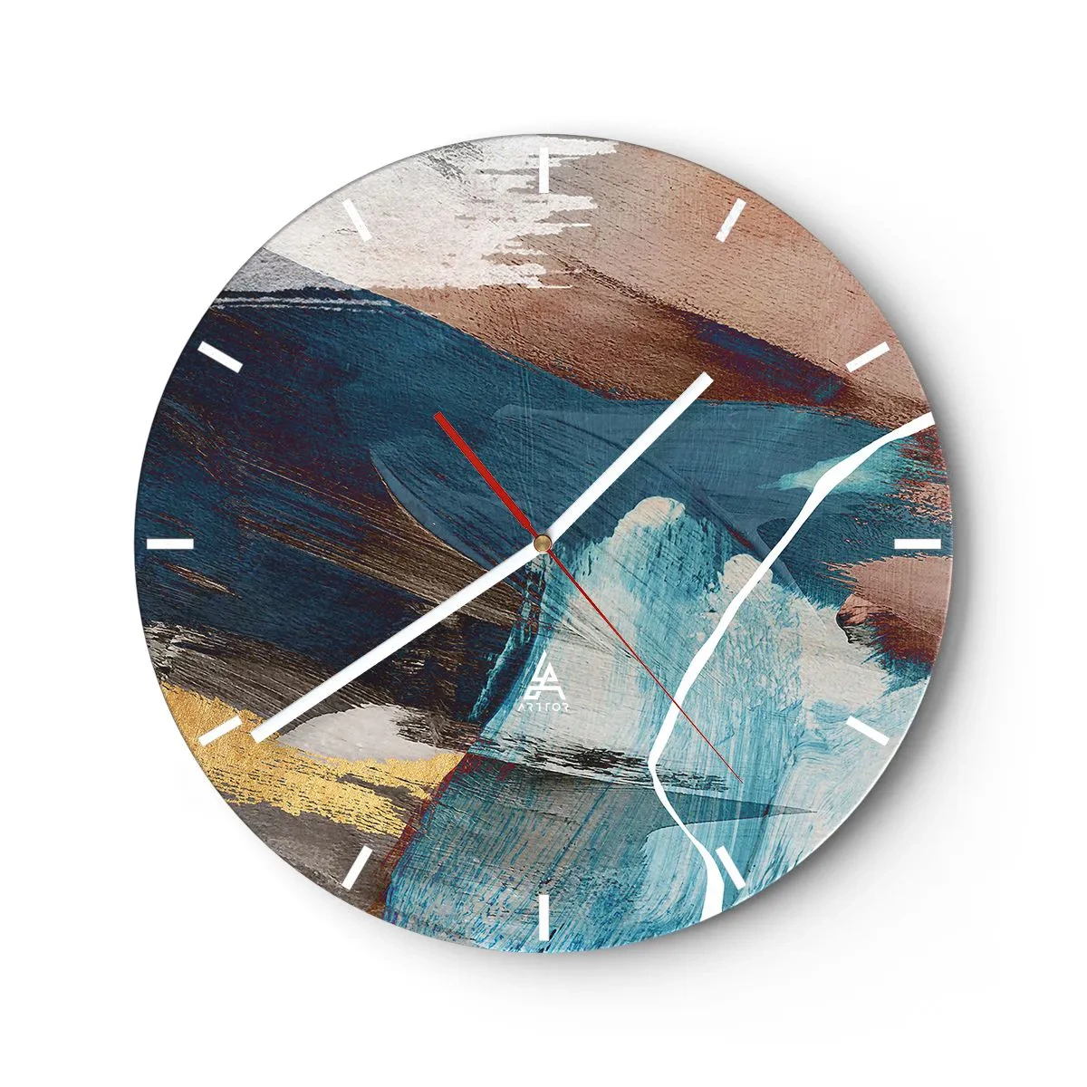Relógio de parede - Relógio em vidro - Pinceladas dinâmicas em tons de azul e marrom - 30x30cm - Com elegância e energia - Decoração de parede moderna para a sala de estar, cozinha e quarto ARTTOR