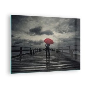 Quadro em vidro - Um homem com um guarda-chuva vermelho em um píer de madeira na chuva. - 70x50cm - Não faz mal que chova - Decoração de parede moderna para a sala de estar e quarto ARTTOR