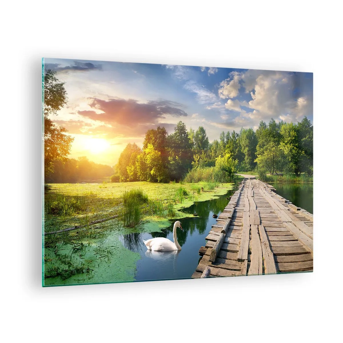 Quadro em vidro - Cais de madeira sobre um lago com um cisne ao pôr do sol - 70x50cm - Verão em todos os lugares - Decoração de parede moderna para a sala de estar e quarto ARTTOR