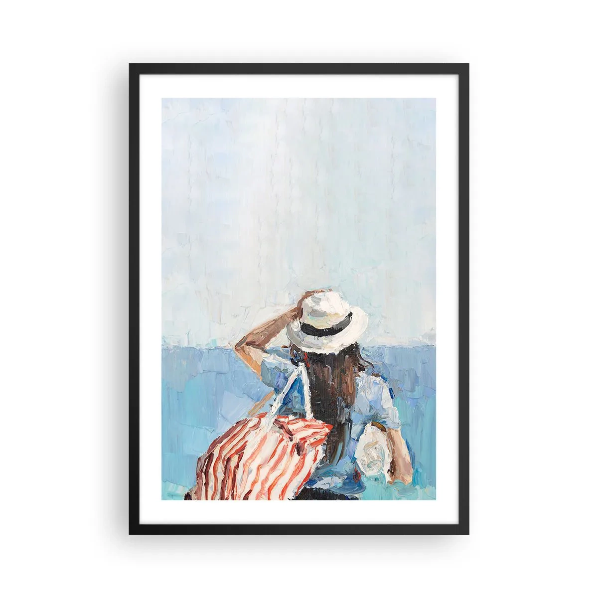 Pôster com moldura preta - Uma mulher de chapéu olhando para o mar - 50x70cm - Bem-vindo às suas férias - Decoração de parede moderna para a sala de estar e quarto ARTTOR