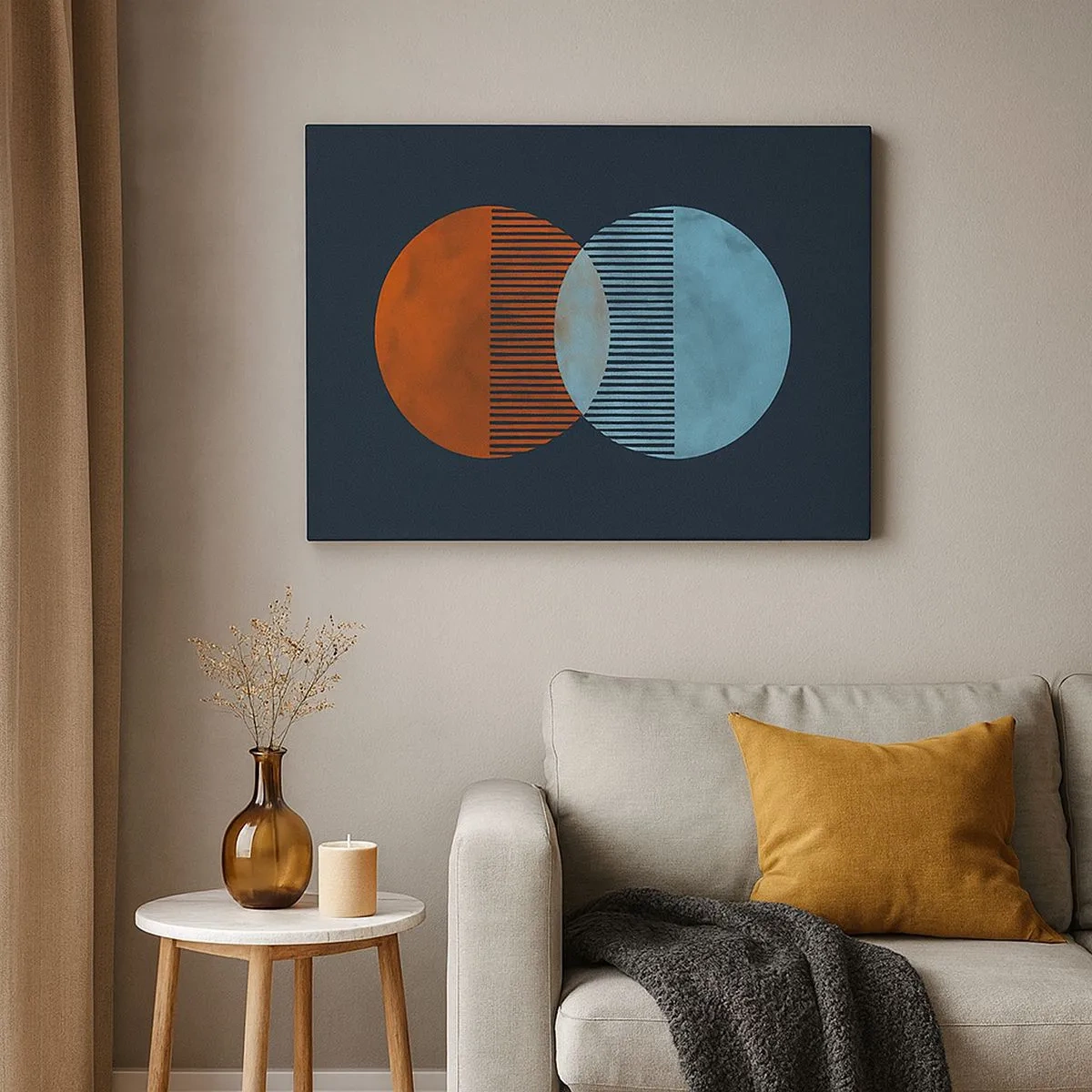 Quadro em tela - Dois círculos laranja e azuis em um fundo escuro - 70x50cm - Fantasia astronómica - Decoração de parede moderna para a sala de estar e quarto ARTTOR
