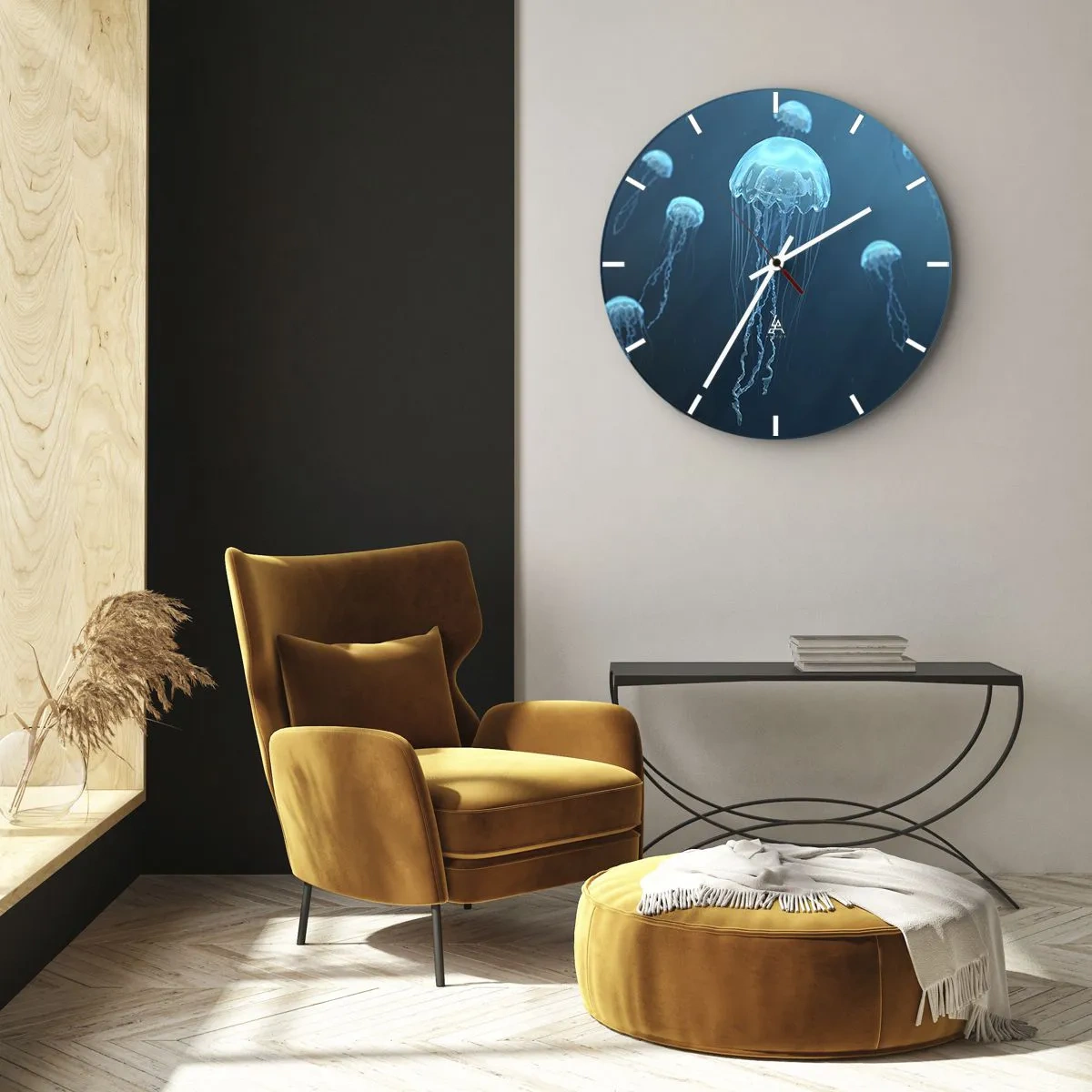 Relógio de parede - Relógio em vidro - Água-viva flutuando no oceano azul profundo - 30x30cm - Dança do oceano - Decoração de parede moderna para a sala de estar, cozinha e quarto ARTTOR