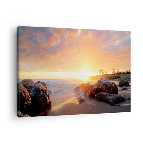 Quadro em tela - Pôr do sol sobre a costa rochosa - 70x50cm - A brisa luminosa da noite - Decoração de parede moderna para a sala de estar e quarto ARTTOR