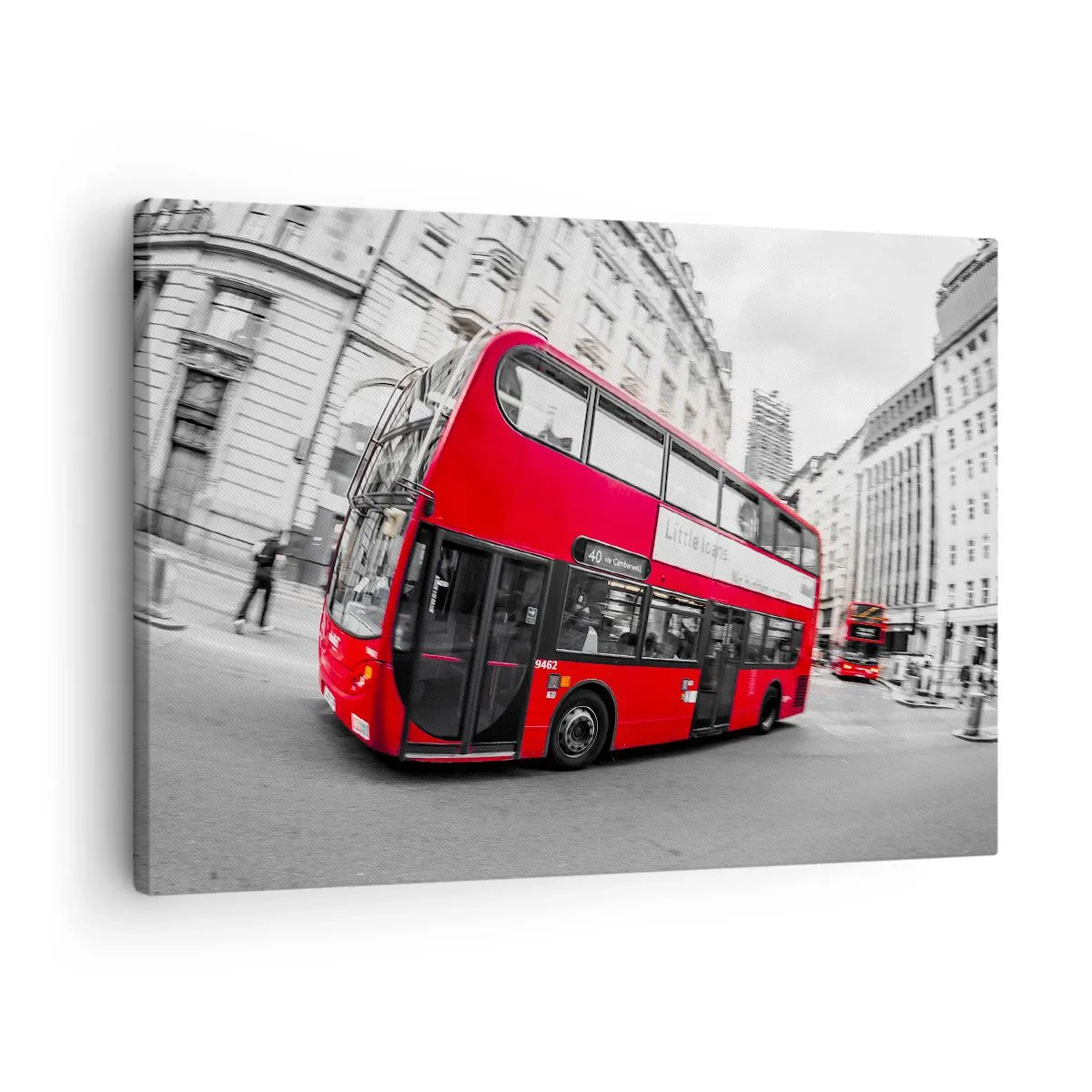 Quadro em tela - Um ônibus vermelho de Londres contra uma rua preta e branca - 70x50cm - Londres tradicional - de autocarro - Decoração de parede moderna para a sala de estar e quarto ARTTOR