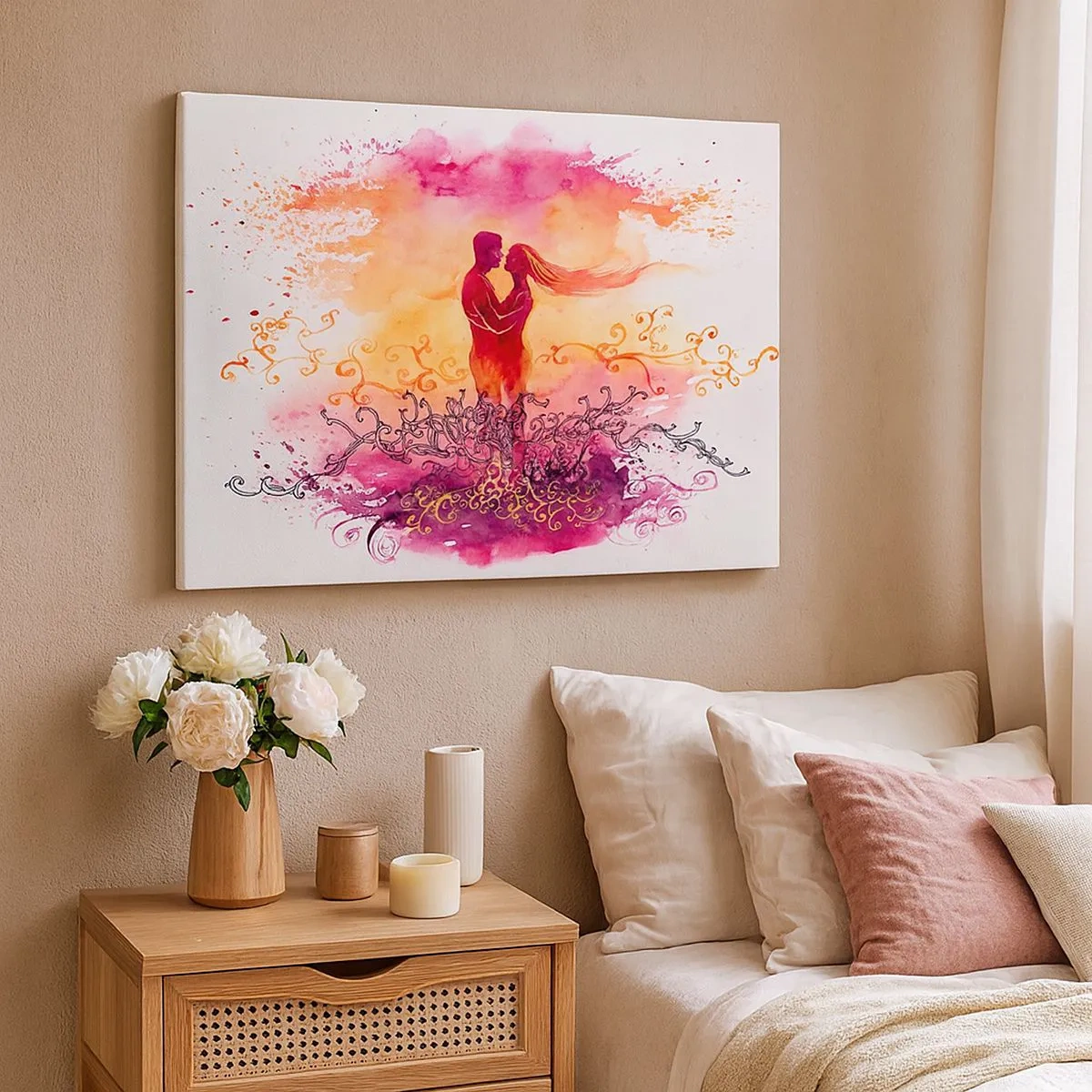 Quadro em tela - Um casal se abraçando contra um padrão abstrato rosa e laranja - 70x50cm - Um coração! Eu não preciso de tão pouco... - Decoração de parede moderna para a sala de estar e quarto ARTTOR