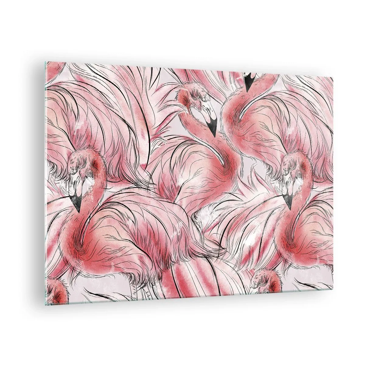 Quadro em vidro - Flamingos cor de rosa em estilo de desenho animado decorativo - 70x50cm - Bird corps de ballet - Decoração de parede moderna para a sala de estar e quarto ARTTOR