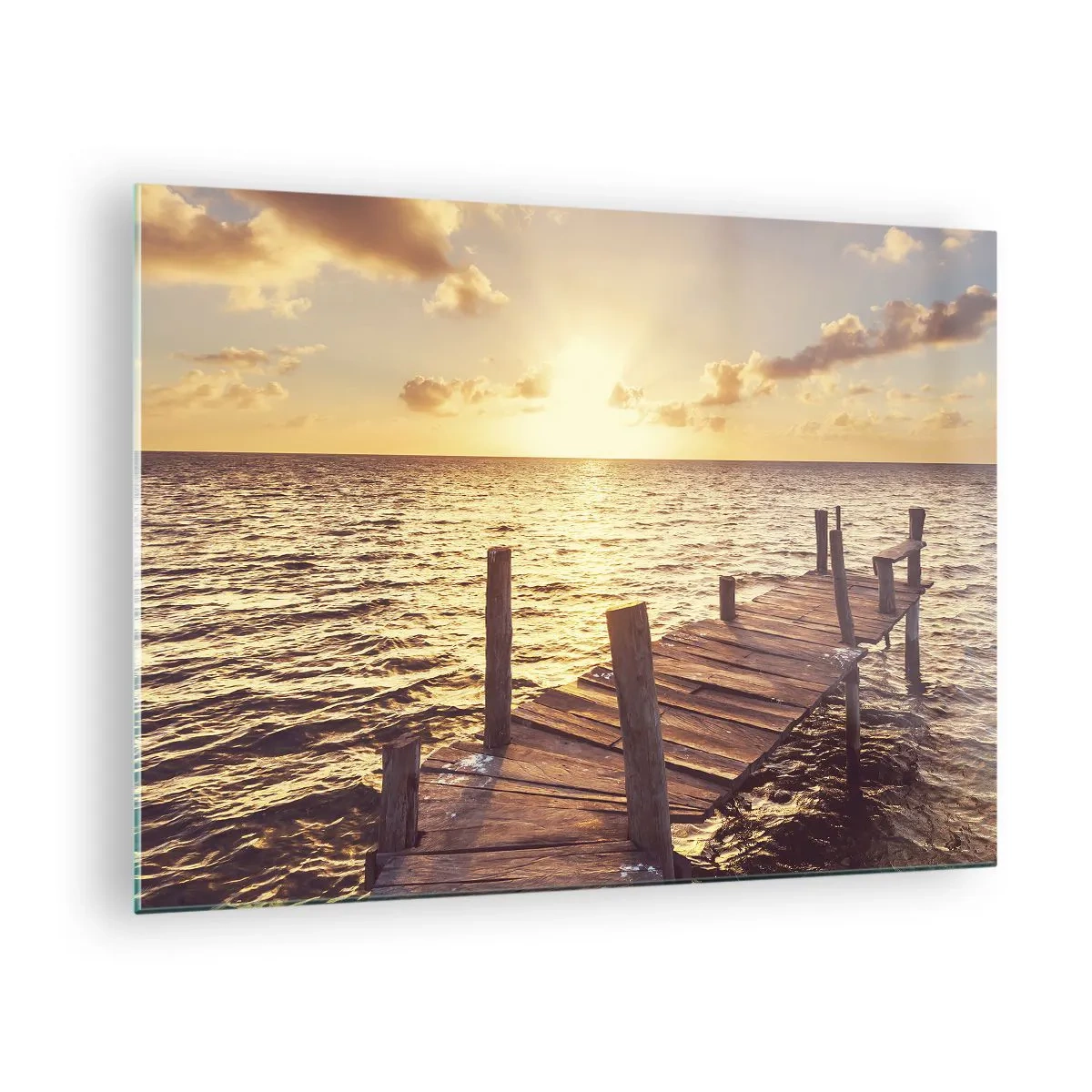 Quadro em vidro - Um cais de madeira com o pôr do sol como pano de fundo - 70x50cm - A terra dourada da gentileza - Decoração de parede moderna para a sala de estar e quarto ARTTOR