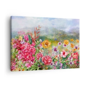 Quadro em tela - Uma composição colorida de flores sobre um fundo de paisagem em tons pastéis - 70x50cm - O jardim que enlouqueceu - Decoração de parede moderna para a sala de estar e quarto ARTTOR