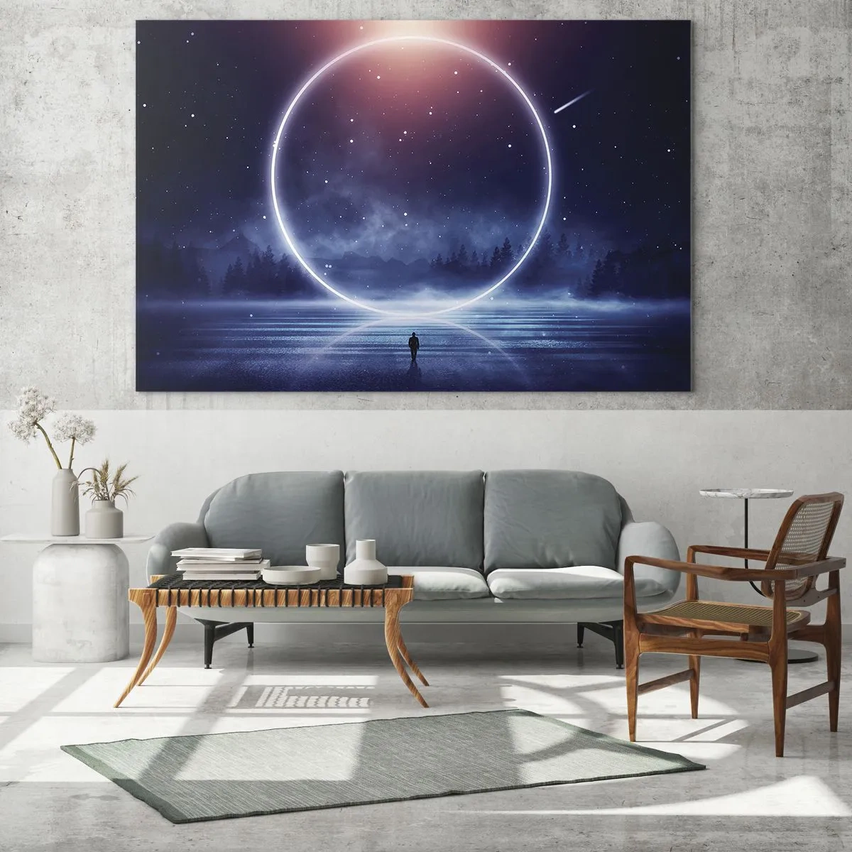 Quadro em vidro - Um círculo de luz sobre o lago entre o céu noturno e a floresta - 70x50cm - Eles já estão aqui... - Decoração de parede moderna para a sala de estar e quarto ARTTOR