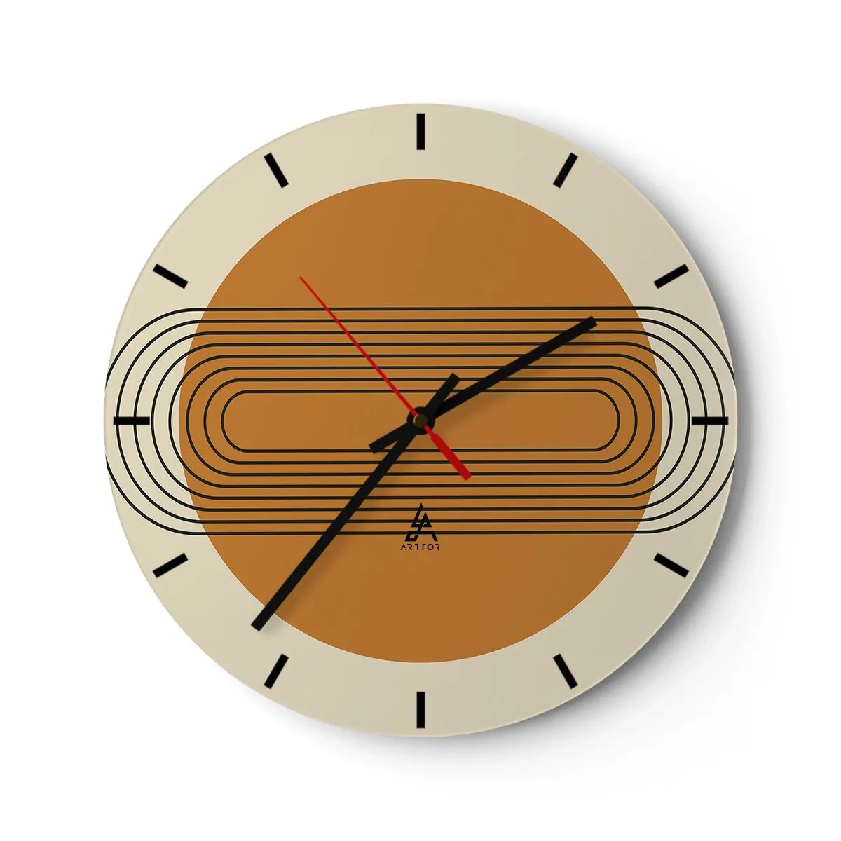 Relógio de parede - Relógio em vidro - Composição geométrica em tons de bege e laranja - 30x30cm - O plano perfeito - Decoração de parede moderna para a sala de estar, cozinha e quarto ARTTOR