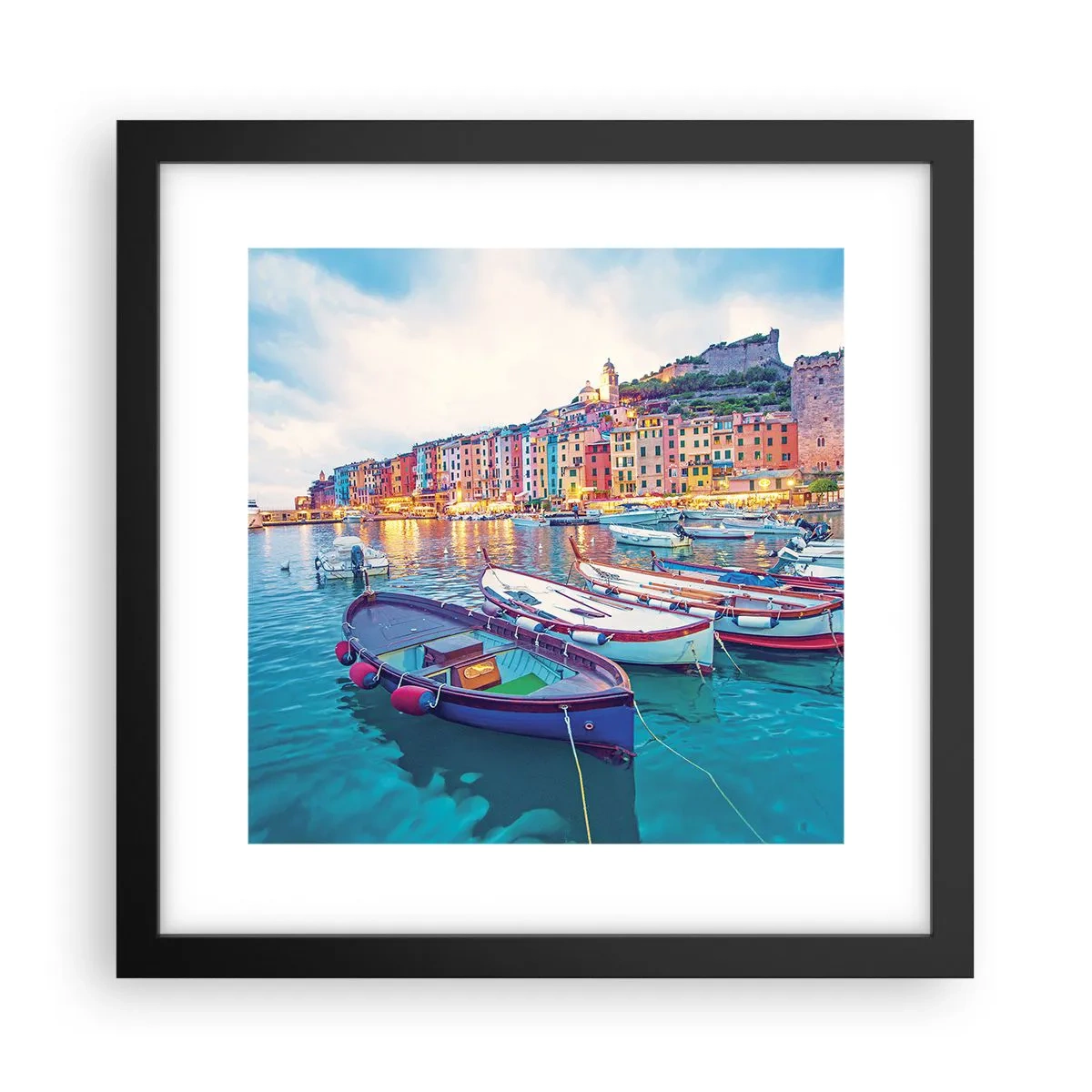 Pôster com moldura preta - Uma noite colorida no porto - 30x30 cm