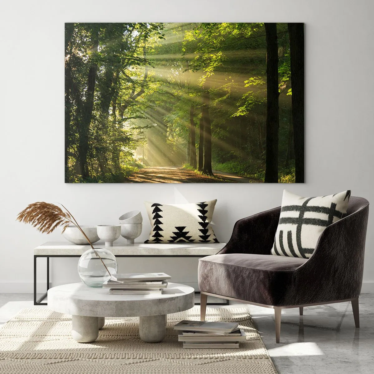 Quadro em vidro - Um caminho na floresta iluminado pelos raios do sol - 70x50cm - Momento florestal - Decoração de parede moderna para a sala de estar e quarto ARTTOR