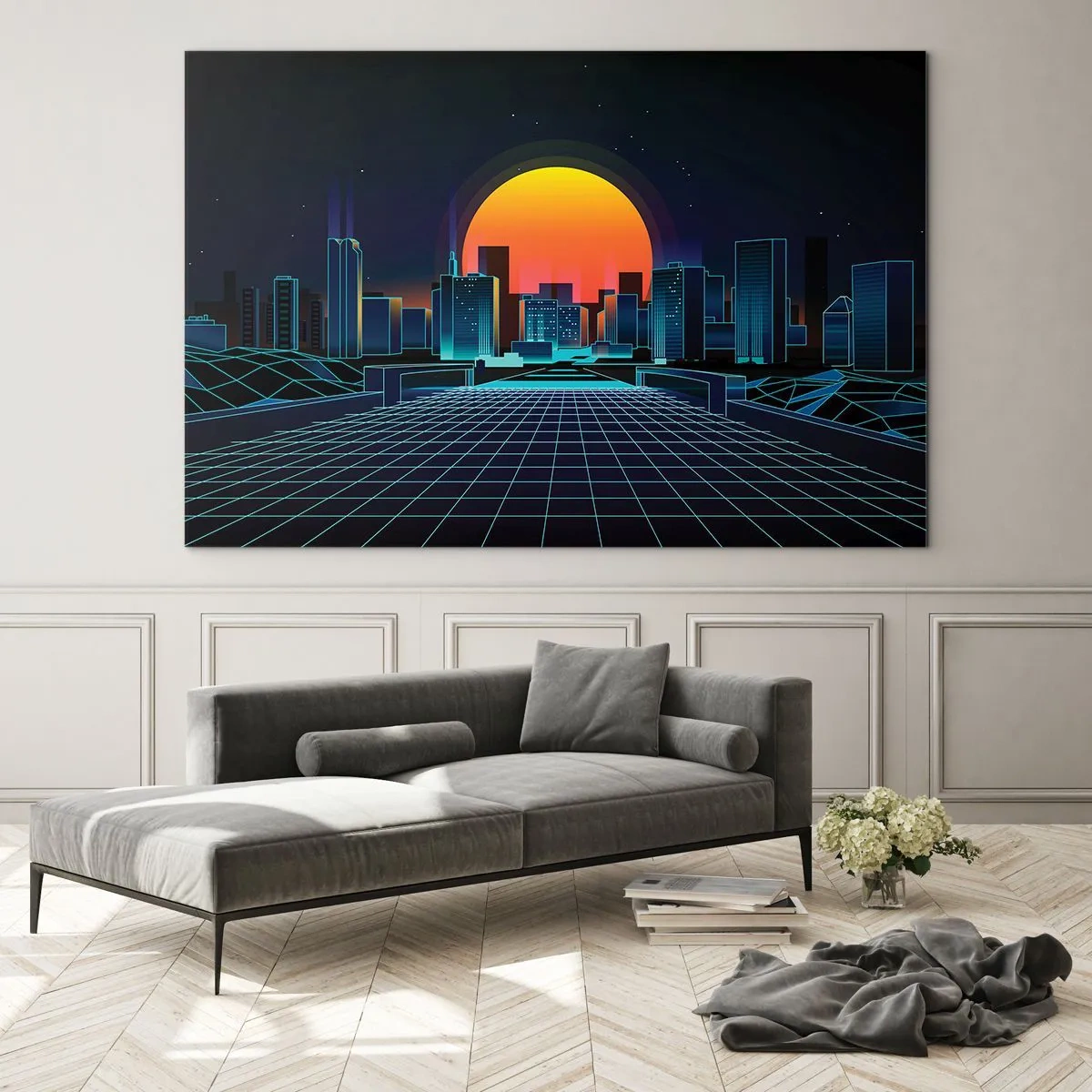 Quadro em vidro - Panorama futurista da cidade com pôr do sol - 70x50cm - Ainda quer ir para o mundo real? - Decoração de parede moderna para a sala de estar e quarto ARTTOR